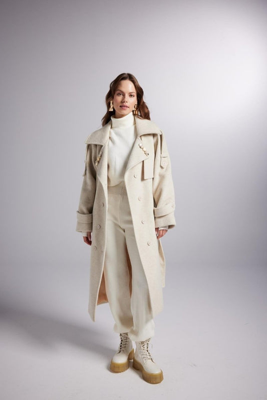 Accessorized Wool - Cashmere Maxi Coat in Woody Ecru - Trench Coats - Buy Me Fur Ltd