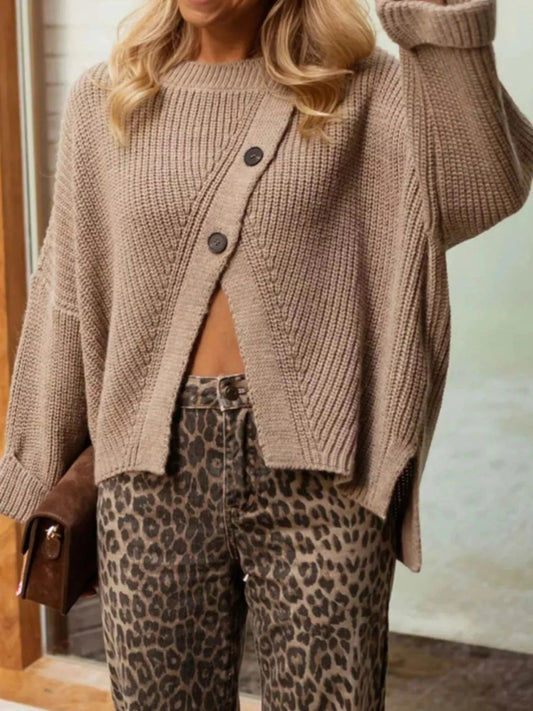 Asymmetrical Button Detail Sweater - Trendsi