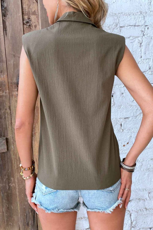 Collared Neck Sleeveless Shirt - Trendsi