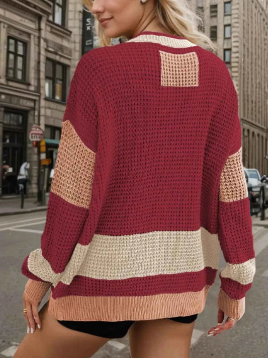 Contrast Button Up Long Sleeve Cardigan - Trendsi