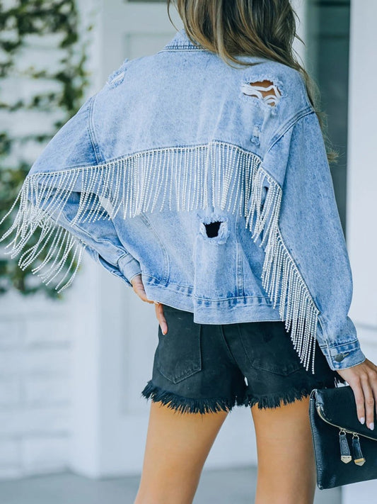 Distressed Fringe Denim Jacket - Trendsi