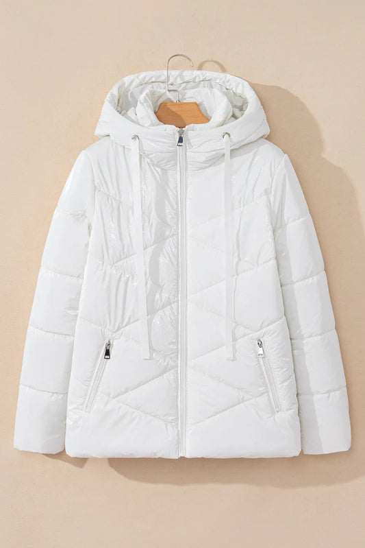 Drawstring Zip Up Long Sleeve Hooded Winter Coat - Trendsi