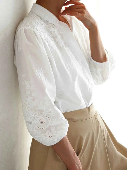 Embroidered Eyelet Button Up Shirt - Trendsi