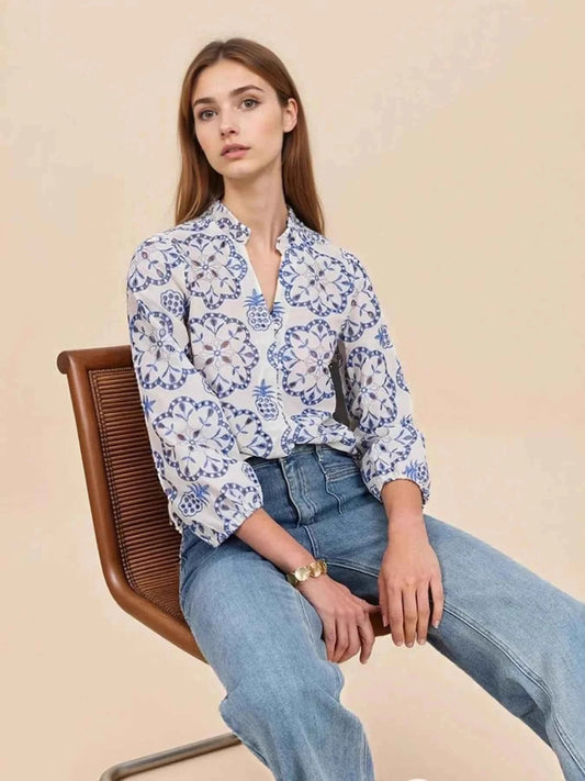 Eyelet Embroidered Long Sleeve Shirt - Trendsi