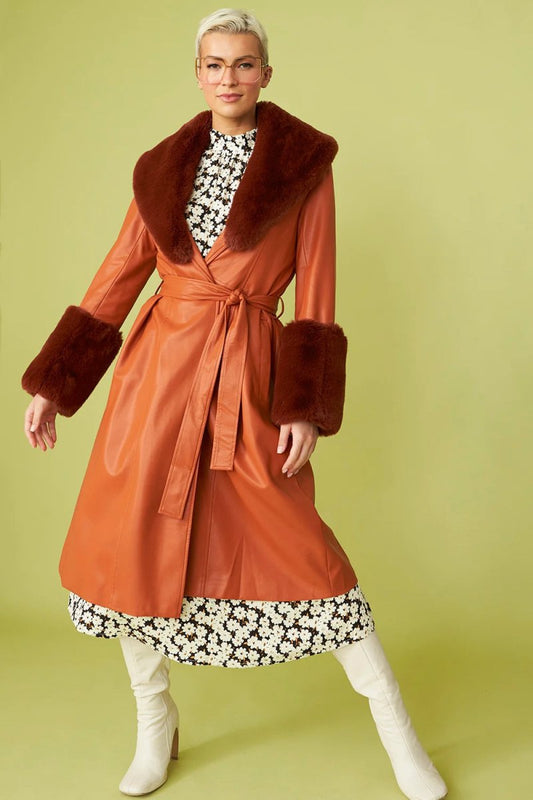 Faux Leather Chocolate Trench Coat with Faux Fur Collar - Faux Leather Coats - Buy Me Fur Ltd
