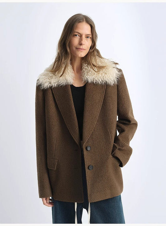 Fireladyfur Wool Tweed Coat with Detachable Fur Collar