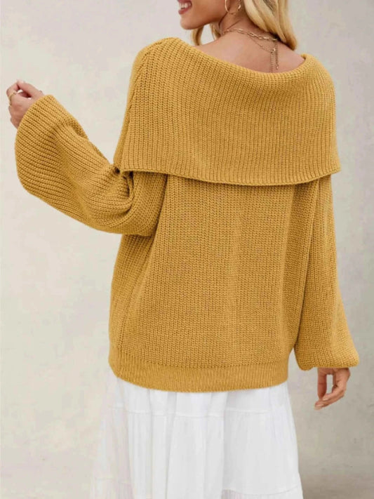 Fold - Over Collar Long Sleeve Sweater - Trendsi