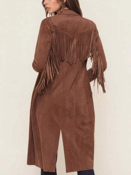 Fringe Lapel Collar Long Sleeve Coat - Trendsi