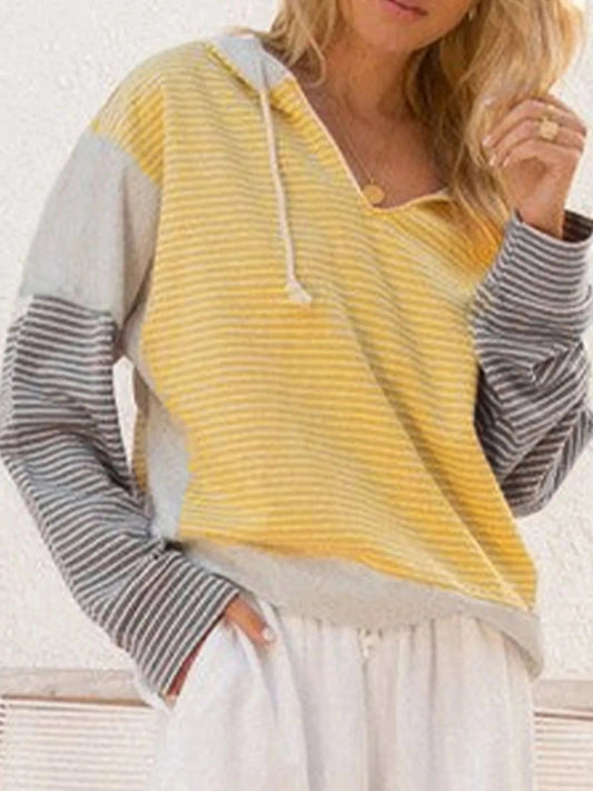 Striped Color Block Hoodie with Drawstring - Trendsi