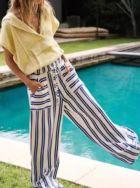 Striped Wide-Leg Drawstring Pants