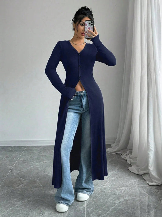 V - Neck Button - Front Longline Cardigan - Trendsi