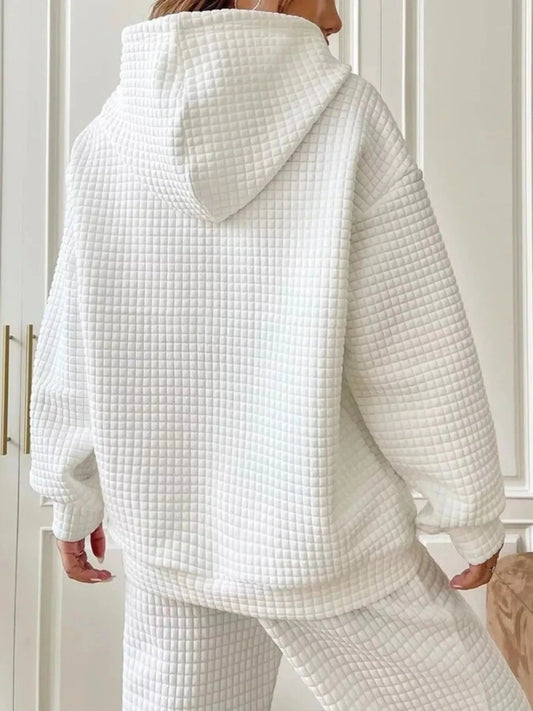 Waffle Knit Hoodie with Drawstring Details - Trendsi