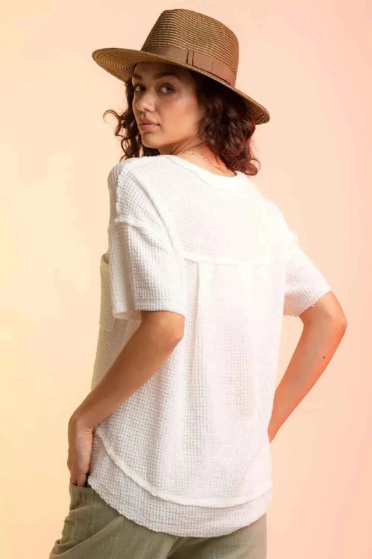 Waffle - Knit Notched Half Sleeve T-Shirt - Trendsi