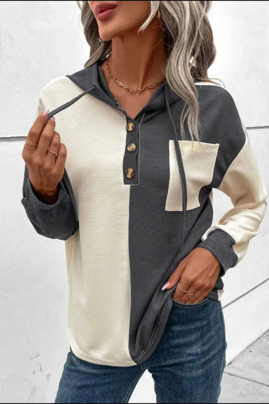 Waffle - Knit Two - Tone Long Sleeve Hoodie - Trendsi