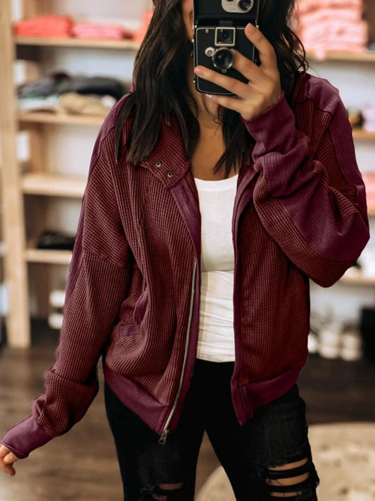 Waffle Zip Up Hooded Jacket with Pockets - Trendsi