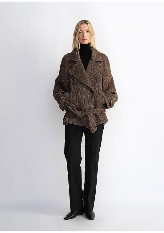 "Warm Cocoon" Italian Herringbone Wool Short Coat – Classic Lapel Women’s Jacket - Wool Coat - Firelady Fur