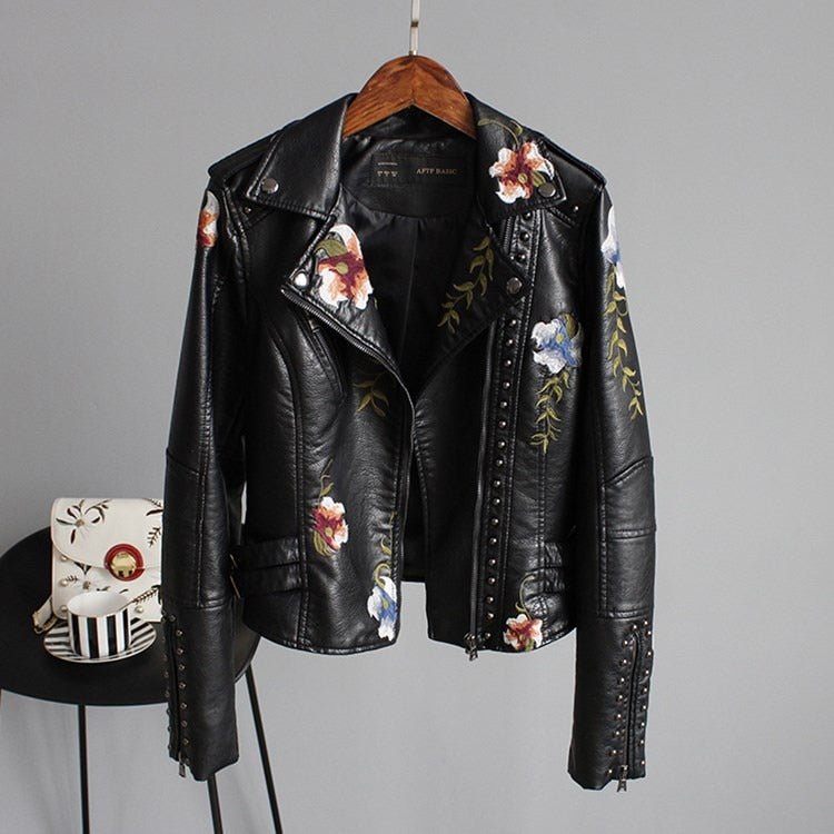 Women Floral Embroidered Faux Leather Jacket