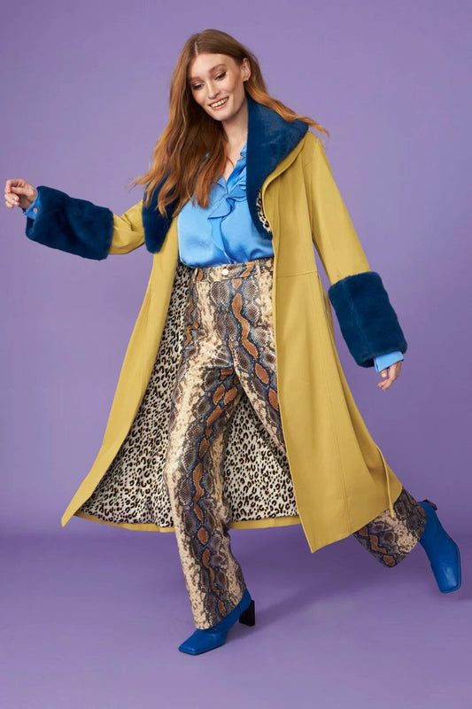 Yellow Faux Leather Coat with Faux Fur Collar - Stylish Trench - Faux Leather Coats - Buy Me Fur Ltd