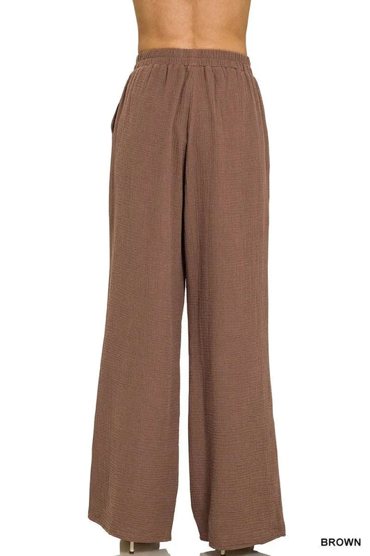 Zenana Double Gauze Elastic Band Pants - Trendsi