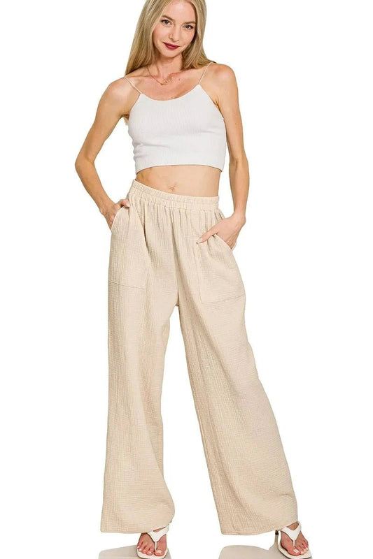 Zenana Double Gauze Elastic Band Pants - Trendsi