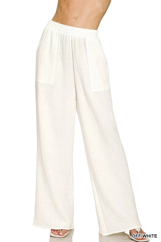 Zenana Double Gauze Elastic Band Pants - Trendsi