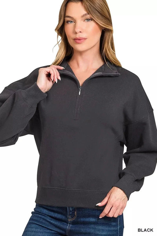 Zenana Fleece High Neck Half Zip Sweatshirt - Trendsi