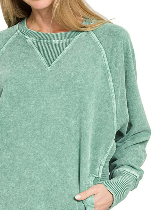 Zenana Halo Snow Washed French Terry Round Neck Sweatshirt - Trendsi