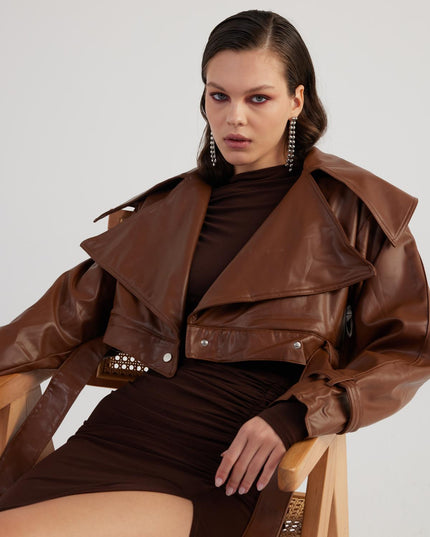 Neeko Chocolate Faux Leather Cropped Jacket