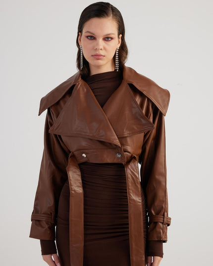 Neeko Chocolate Faux Leather Cropped Jacket