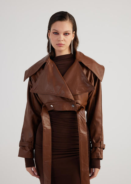Neeko Chocolate Faux Leather Cropped Jacket