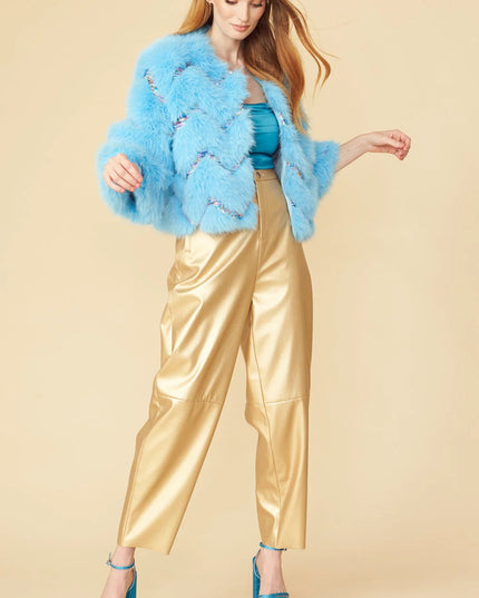 Bamboo Sequin Eco Faux Fur Coat in Blue