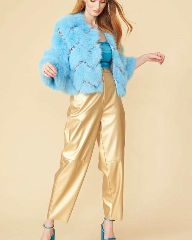 Bamboo Sequin Eco Faux Fur Coat in Blue