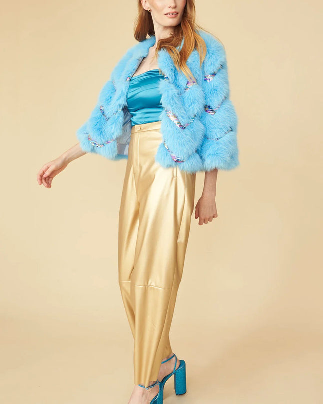 Bamboo Sequin Eco Faux Fur Coat in Blue