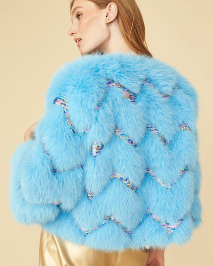 Bamboo Sequin Eco Faux Fur Coat in Blue