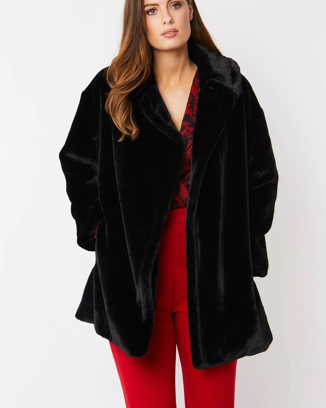 Black Faux Fur Luxury Midi Coat One Size Fits UK 8-14