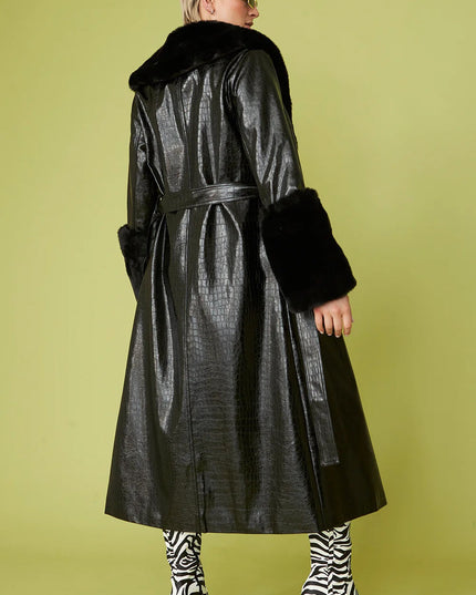 Black Faux Leather Jacket with Detachable Faux Fur Cuffs and Collar