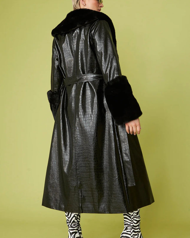 Black Faux Leather Jacket with Detachable Faux Fur Cuffs and Collar