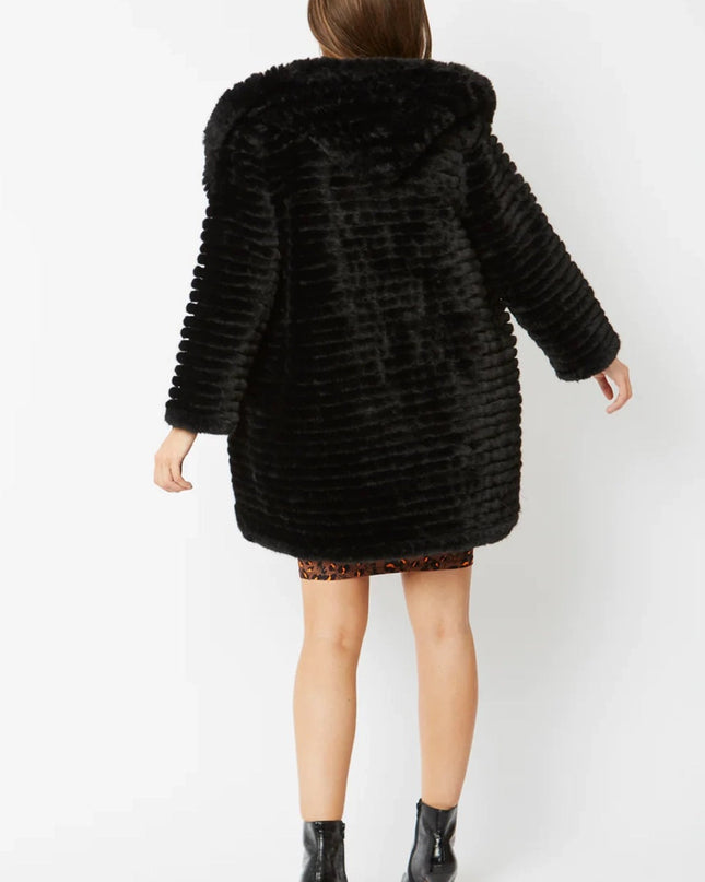 Black Faux Mink Fur Hooded Coat Luxury Winter Outerwear