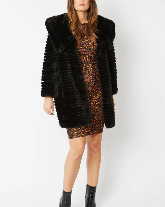 Black Faux Mink Fur Hooded Coat Luxury Winter Outerwear