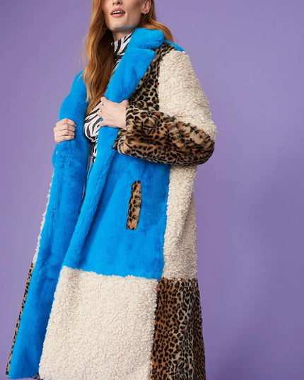 Blue Faux Fur Maxi Coat Leopard Print Winter Coats