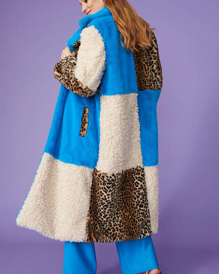 Blue Faux Fur Maxi Coat Leopard Print Winter Coats