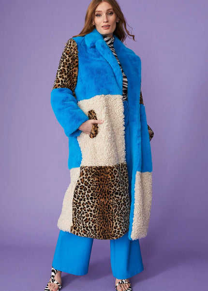 Blue Faux Fur Maxi Coat Leopard Print Winter Coats