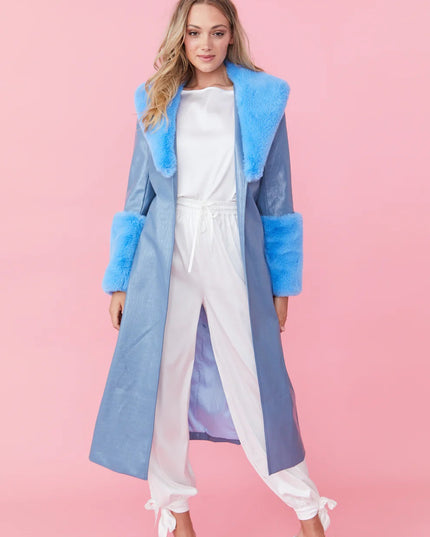 Blue Faux Leather Jacket with Detachable Faux Fur Cuffs and Collar