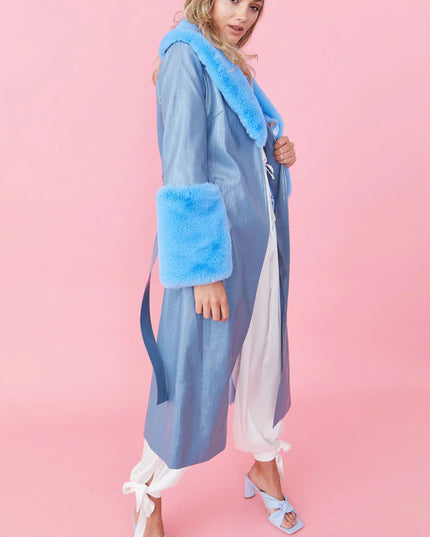 Blue Faux Leather Jacket with Detachable Faux Fur Cuffs and Collar