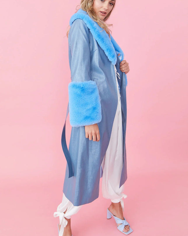 Blue Faux Leather Jacket with Detachable Faux Fur Cuffs and Collar