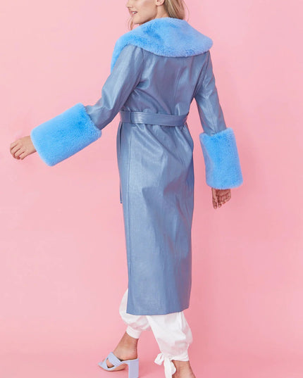 Blue Faux Leather Jacket with Detachable Faux Fur Cuffs and Collar
