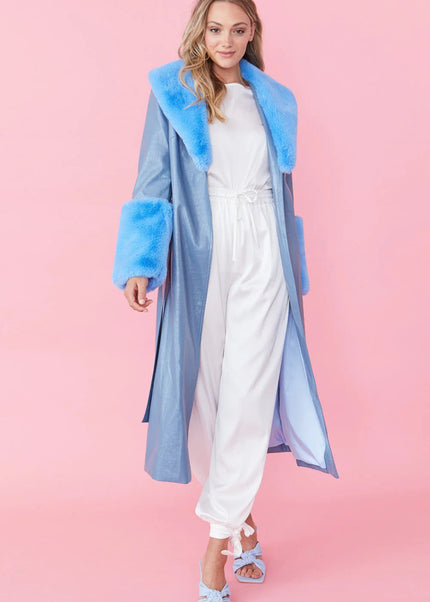 Blue Faux Leather Jacket with Detachable Faux Fur Cuffs and Collar