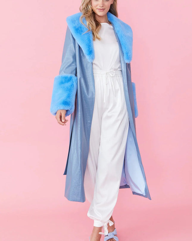 Blue Faux Leather Jacket with Detachable Faux Fur Cuffs and Collar