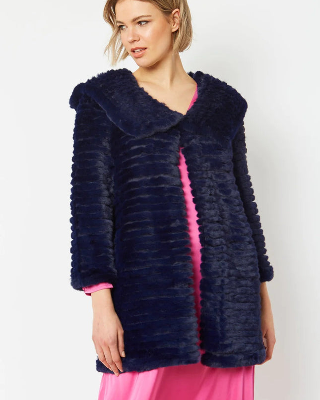 Blue Faux Mink Fur Hooded Coat Luxury Finish Acrylic Fabric