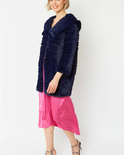 Blue Faux Mink Fur Hooded Coat Luxury Finish Acrylic Fabric